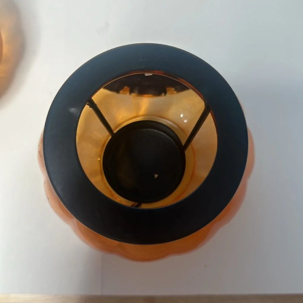2pc Orange Glass Pumpkin Jack-O-Lantern Tea Light Candle Holders Halloween Decor